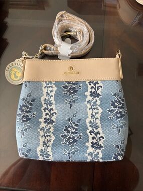 Spartina 449 Blue Floral Jacquard Crossbody with Tan Trim